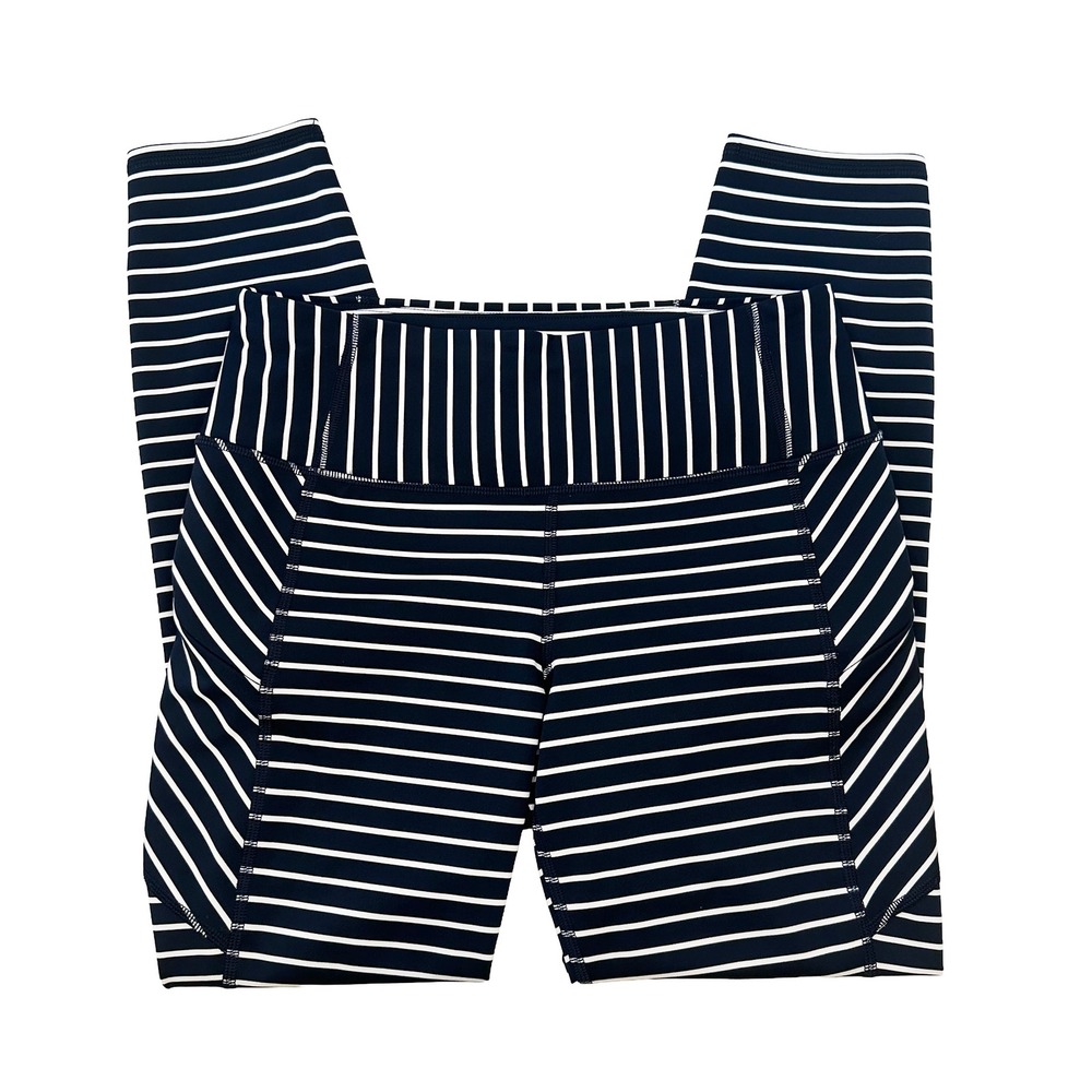 ATHLETA Striped Crop Legging • Small • navy blue, white‎ • yoga athletic casual